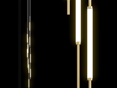 Modern Sleek Chandelier Design With Golden Metal Rods And Long Illuminated Tubes 3d model