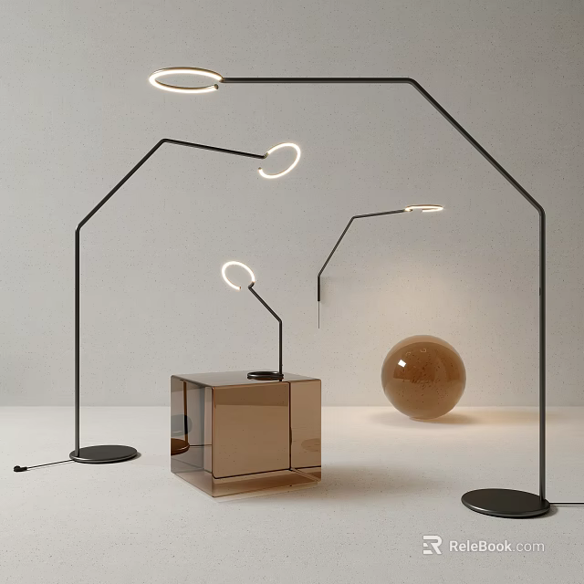 Modern Lighting Combination With Ring Floor Lamps Black Metal Frames And Spherical Decor Elements 3d model 