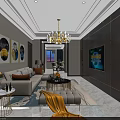 Elegant Modern Living Dining Room Interior With Chandelier Framed Paintings And Sofa