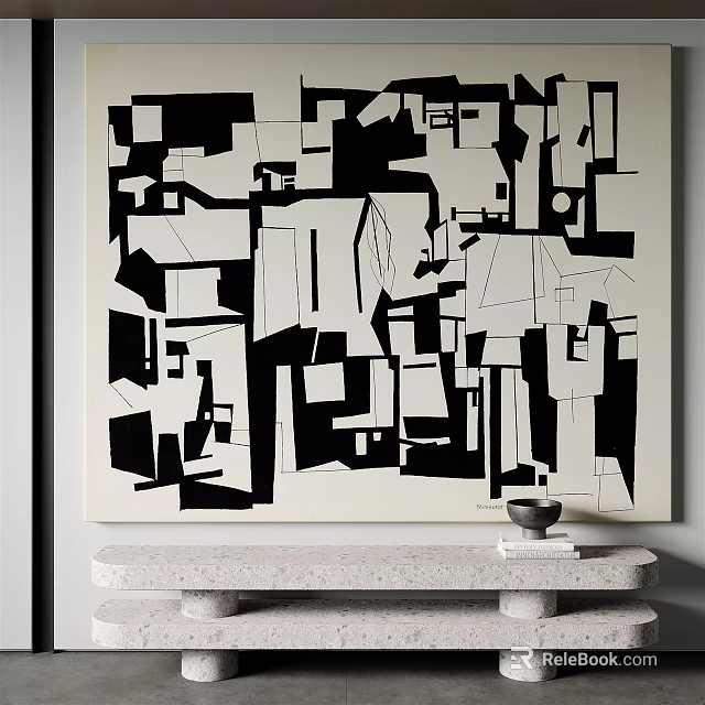 Black And White Abstract Painting As Wall Decor With Console Table And Bowl 3d model 