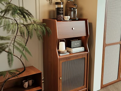 Modern Wooden Storage Cabinet with Grid Door and Coffee Grinder Candle Books 3d model
