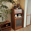 Modern Wooden Storage Cabinet with Grid Door and Coffee Grinder Candle Books