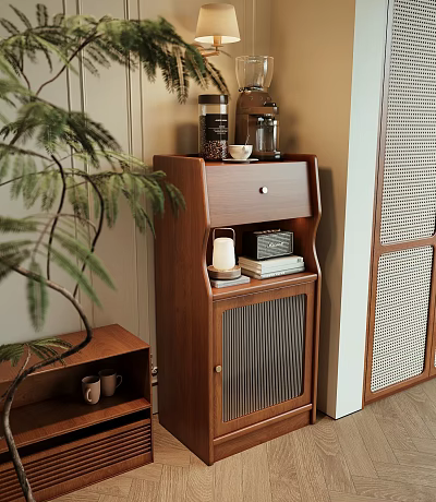Modern Wooden Storage Cabinet with Grid Door and Coffee Grinder Candle Books 3d model