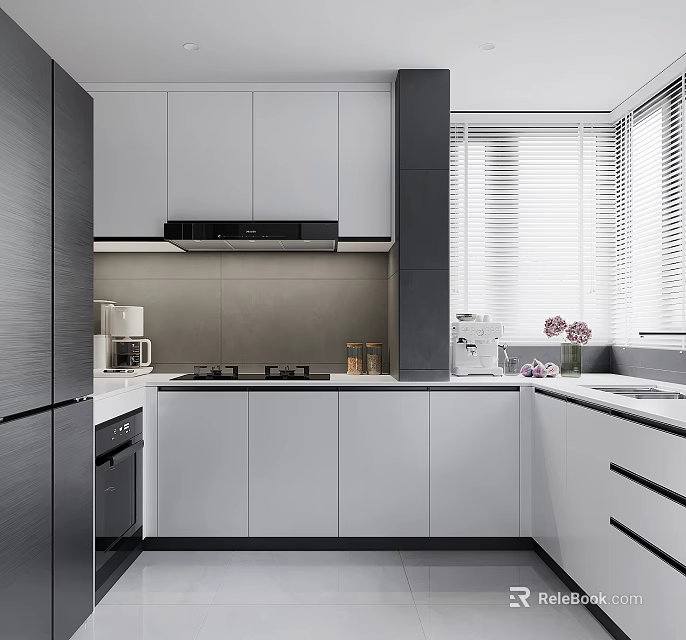 Modern Kitchen Interior Design With White Cabinets Gray Backsplash Stove Coffee Maker And Blinds 3d model 