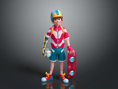 Teen Character In Colorful Helmet Red White Jacket With Blue Device And Red Skateboard 3d model