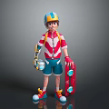 Teen Character In Colorful Helmet Red White Jacket With Blue Device And Red Skateboard