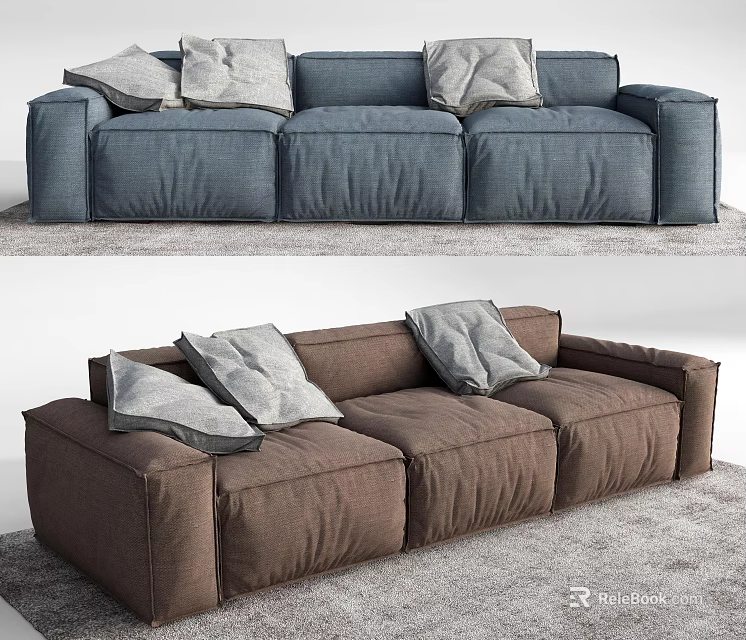 Modern Blue And Brown Three-Seater Sofas With Plush Pillows In Interior On Soft Rug 3d model 