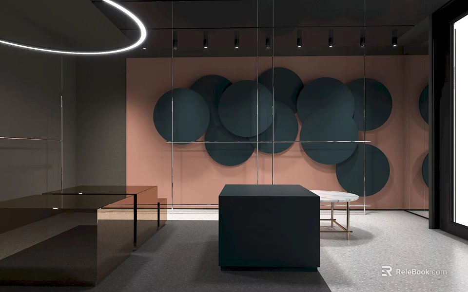 Modern Clothing Store Interior With Circular Wall Decor Dark Display Counters And Soft Lighting 3d model 