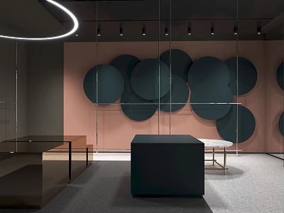 Modern Clothing Store Interior With Circular Wall Decor Dark Display Counters And Soft Lighting 3d model