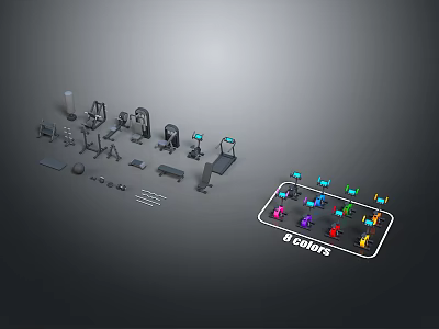 Different Types Of Fitness Equipment With Colorful Game Illustration And Figures 3d model