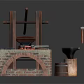 Brick Workbench With Anvil Wooden Frame Barrel And Hardware Tools 3d model