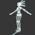 Sci Fi Game Movie Character Mechanical Head Teal Armor Blue Boots Standing On Staff