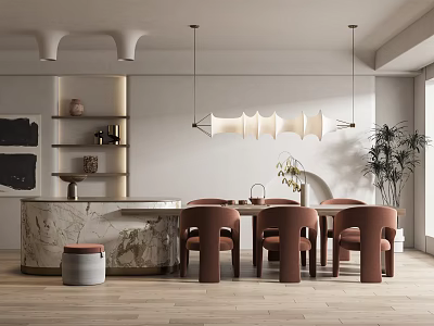 Modern Dining Table Set With Marble Top Brown Chairs Pendant Lights And Decorative Plants In Interior 3d model