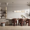 Modern Dining Table Set With Marble Top Brown Chairs Pendant Lights And Decorative Plants In Interior