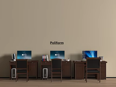 Poliform Wooden Office Desks Featuring Computers Chairs Books And Speakers 3d model