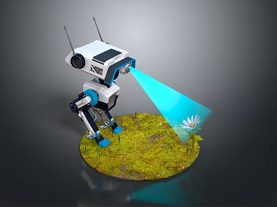 Solar Powered Robot Projecting Blue Light On White Daisy Over Green Grass 3d model