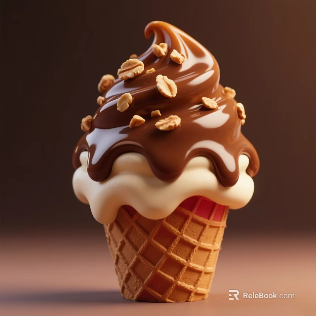 Delicious Creamy Ice Cream In Waffle Cone Topped With Chocolate Sauce And Chopped Nuts 3d model 