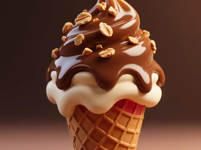 Delicious Creamy Ice Cream In Waffle Cone Topped With Chocolate Sauce And Chopped Nuts 3d model