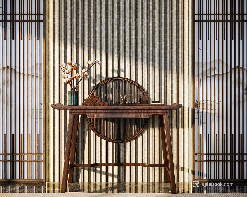 Chinese Style Wooden Console Table With Floral Vase And Decorative Lattice Screens 3d model 
