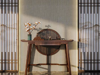 Chinese Style Wooden Console Table With Floral Vase And Decorative Lattice Screens 3d model