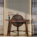 Chinese Style Wooden Console Table With Floral Vase And Decorative Lattice Screens