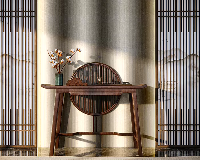 Chinese Style Wooden Console Table With Floral Vase And Decorative Lattice Screens 3d model