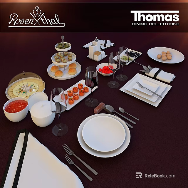 Elegant Dining Table Setting With Plates Utensils Wine Glasses Napkins And Food 3d model 