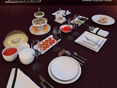 Elegant Dining Table Setting With Plates Utensils Wine Glasses Napkins And Food 3d model
