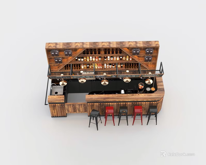 Wooden Bar Design With Shelves Bottles Overhead Lighting And Red Black Stools 3d model 