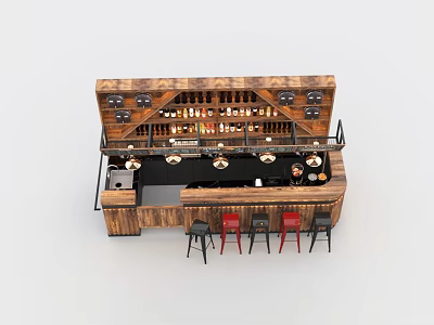 Wooden Bar Design With Shelves Bottles Overhead Lighting And Red Black Stools 3d model