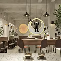 Modern Industrial Café Interior With Wooden Counter Green Plants And Pendant Lights