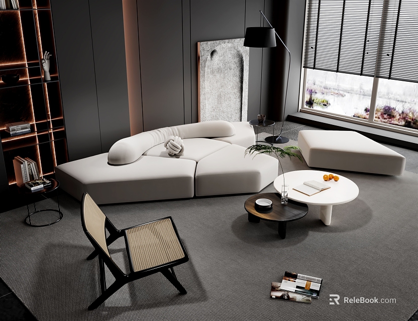 Modern Living Room Design with White L-shaped Sofa and Round Coffee Table Set 3d model 