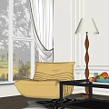Yellow Ribbed Armchair with Twisted Floor Lamp Side Table and Fruit Bowl Near Window