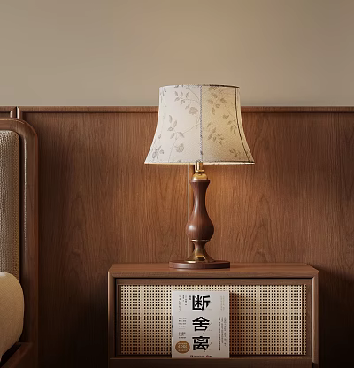 Wooden Nightstand With Patterned Lampshade And Brass Base Against Wooden Wall Panel 3d model