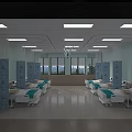 Bright Hospital Ward Interior With Multiple Beds Blue Patterned Columns Medical Equipment And Windows