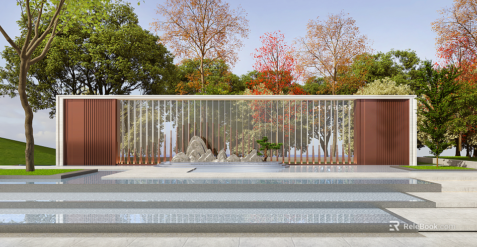 Scenic Garden Wall Design Featuring Vertical Strips Rockery Colorful Trees Water Feature And Stone Steps 3d model 