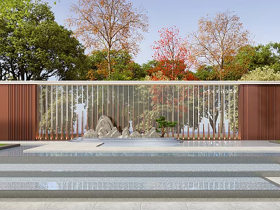 Scenic Garden Wall Design Featuring Vertical Strips Rockery Colorful Trees Water Feature And Stone Steps 3d model