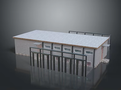 Small Building With Gray Roof Gray Walls Multiple Windows Metal Fence Gate And Stone Foundation 3d model