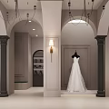 Elegant Wedding Dress Store Interior With Chandelier And Large Windows