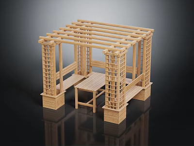 Wooden Garden Pergola With Lattice Sides Beam Roof Bench And Table 3d model