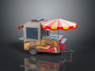 Colorful Hot Dog Cart With Red Yellow Striped Umbrella And Flame Design 3d model