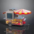 Colorful Hot Dog Cart With Red Yellow Striped Umbrella And Flame Design