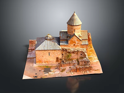 Ancient Church Architecture With Spire Dome Brick Structure Tile Roof And Ruined Sections 3d model