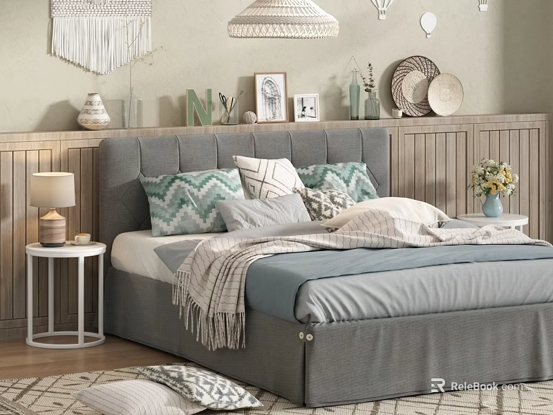 Cozy Double Bed with Gray Headboard Teal White Pillows Throw Blanket Nightstand Lamp Macramé Decor 3d model 