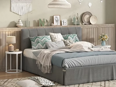 Cozy Double Bed with Gray Headboard Teal White Pillows Throw Blanket Nightstand Lamp Macramé Decor 3d model