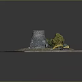 Old Stone Tower Ruin With Yellow Excavator And Green Vegetation On Dirt Ground