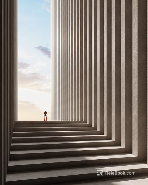 Cartoon Scene With Tall Columns Steps Small Figure And Sky Clouds 3d model