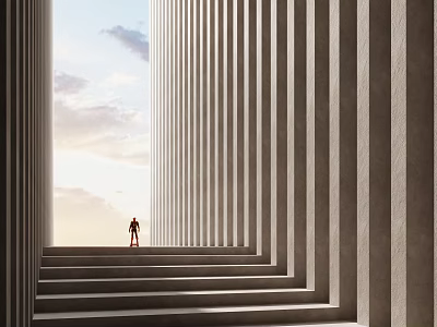 Cartoon Scene With Tall Columns Steps Small Figure And Sky Clouds 3d model