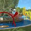 Park Landscape Featuring Curved Blue Water Play Slides Green Lawns And Pink Flowering Trees