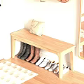 Wooden Shoe Bench in Modern Entryway with Beige Pillow and Various Shoes Storage